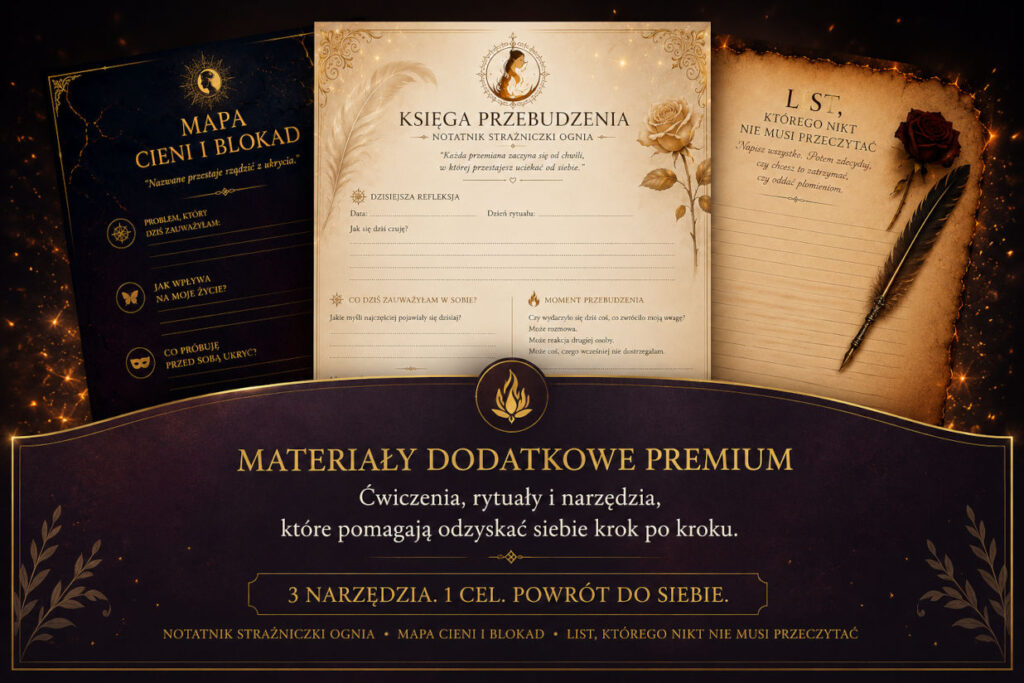 Materiały dodatkowe Premium do „Mechanika Pożądania & Alchemia Miłości” – Notatnik Strażniczki Ognia, Mapa Cieni i Blokad oraz List, którego nikt nie musi przeczytać. Narzędzia wykorzystywane podczas Rytuału Oczyszczającego Ognia autorstwa Arona Fonrimsa.